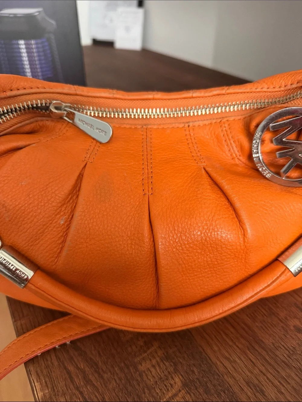 Michael Kors Vibrant Orange Leather Shoulder Bag with Silver MK Charm